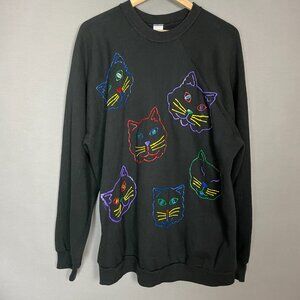 Vintage Sweatshirt Cats DIY Painted Unisex Preloved Black Quicky Eclectic Wacky